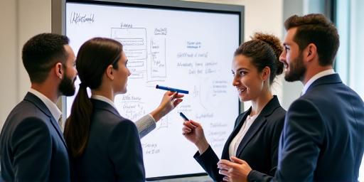 Team collaborating around a whiteboard.