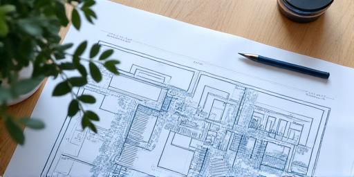 Architectural blueprint on a desk.