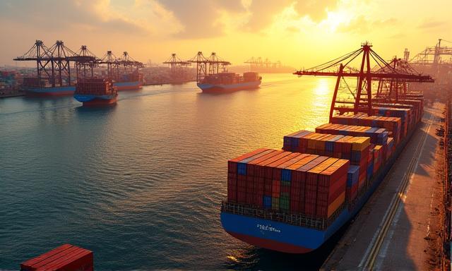 Cargo ships and containers at a busy port.